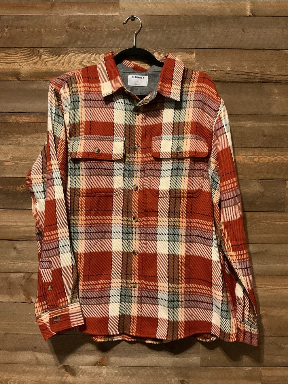 Men’s Old Navy Plaid Button Down Textured Shirt Rust Orange And Cream Size Large